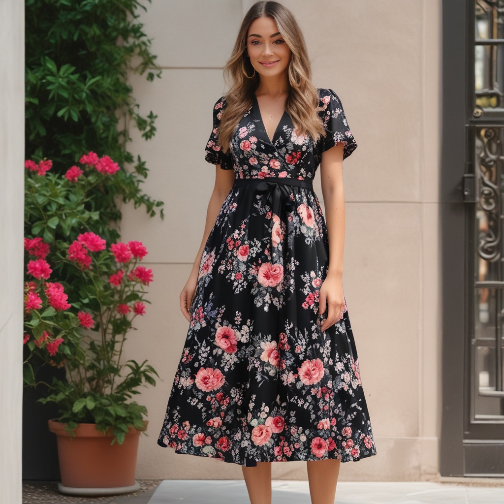 Black midi dress with floral pattern